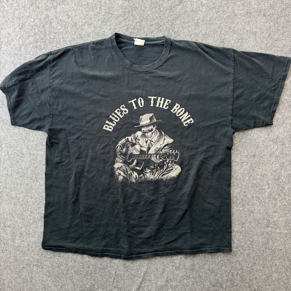 Y2K Blues To The Bone T Shirt 2XL Skeleton Gildan Faded Black Bleached Spot S04